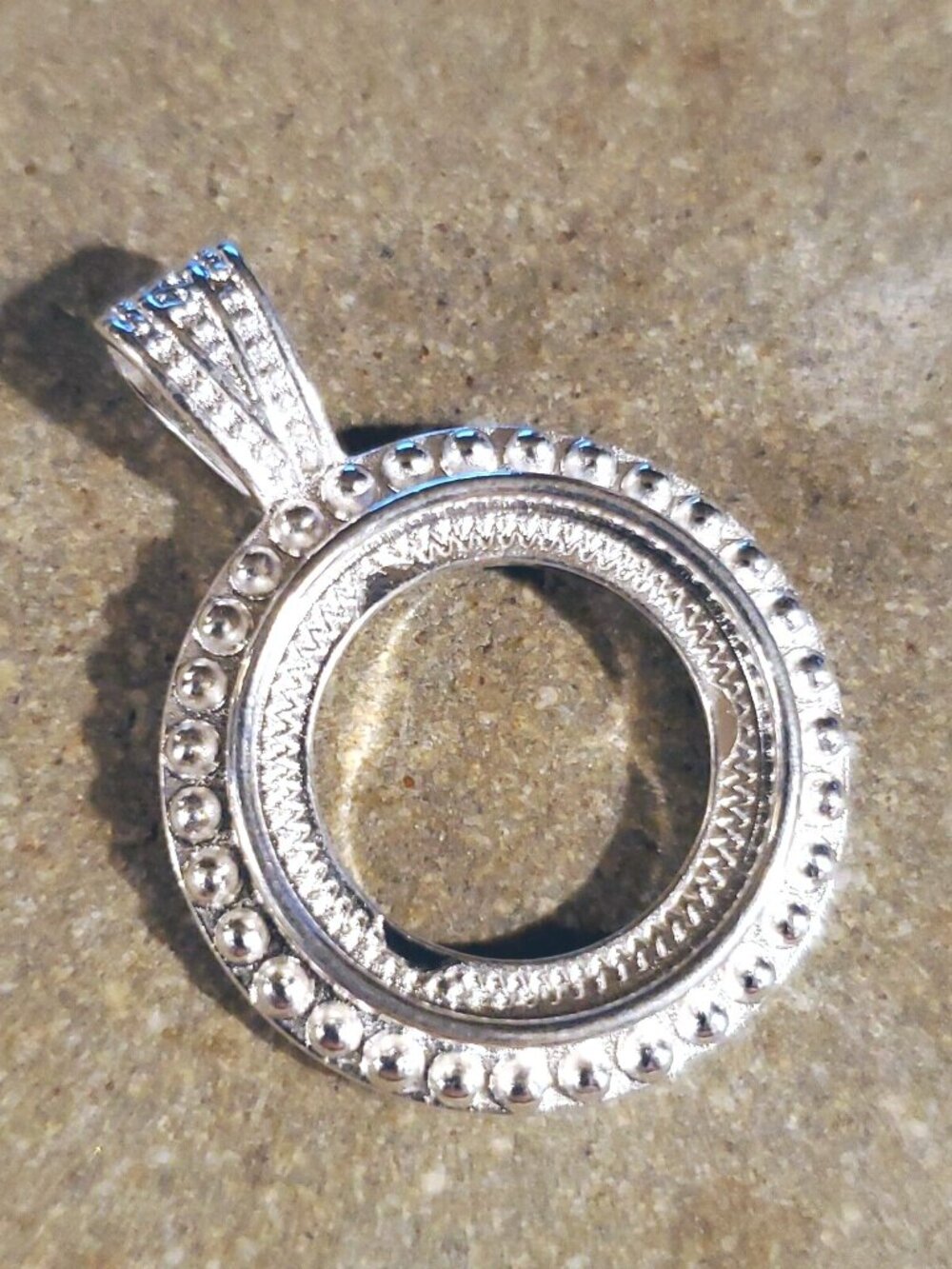 Sterling Silver Plated Art Deco Dotted 16mm Round Cabochon Pendant Setting - Picture 3 of 6